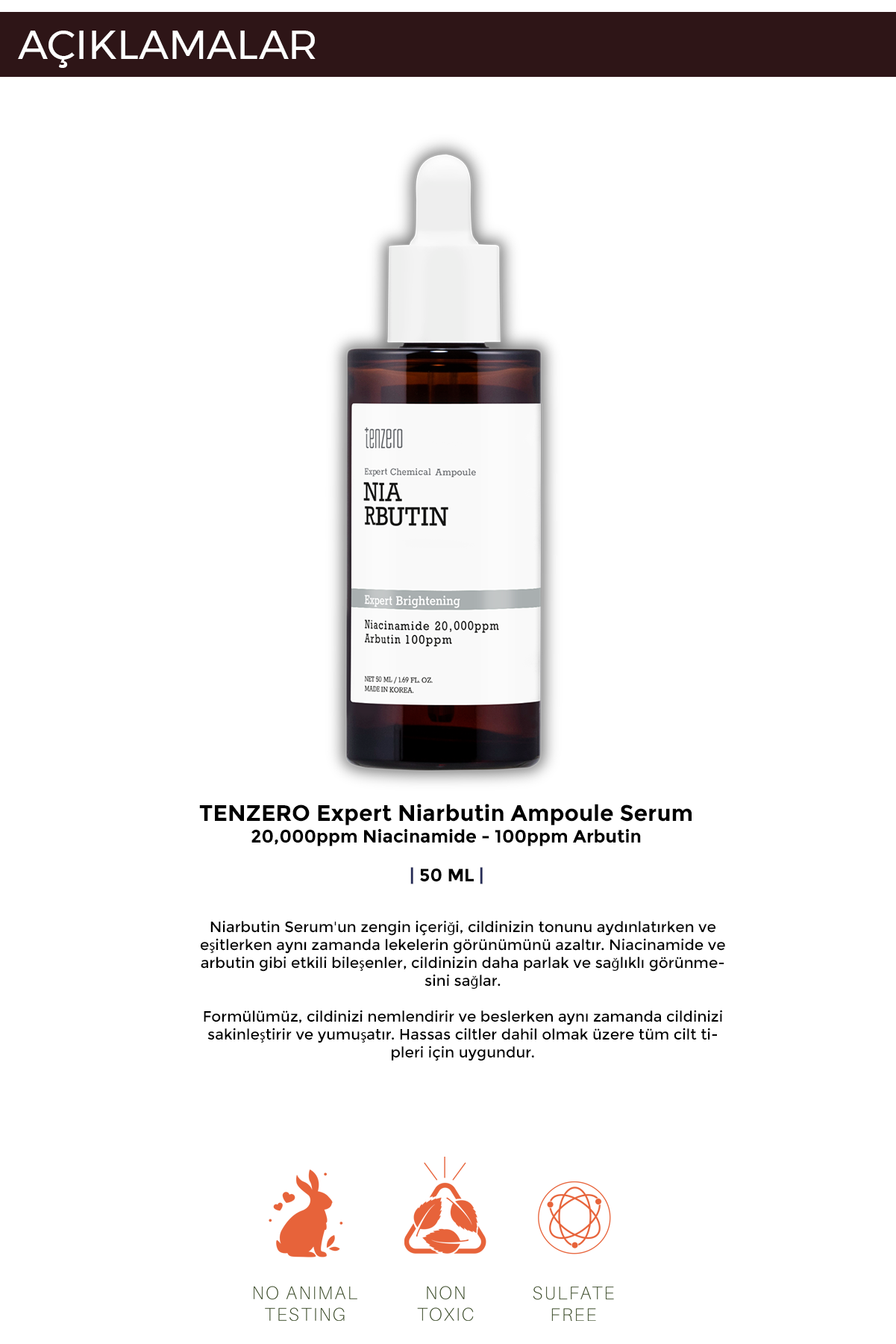 TENZERO Niacinamide 20,000ppm, Arbutin 100ppm Içeren Serum;leke Karşıtı Aydınlatıcı Ve Cilt Tonu Eşit Ampul görsel 4
