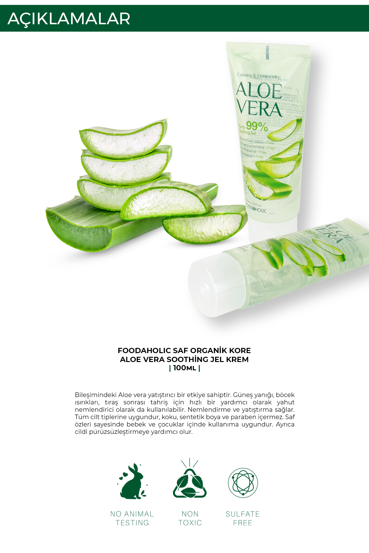 FOODAHOLIC Saf Organik Kore Aloe Vera Yatıştırıcı Soothing Jel Krem 100 ml görsel 5
