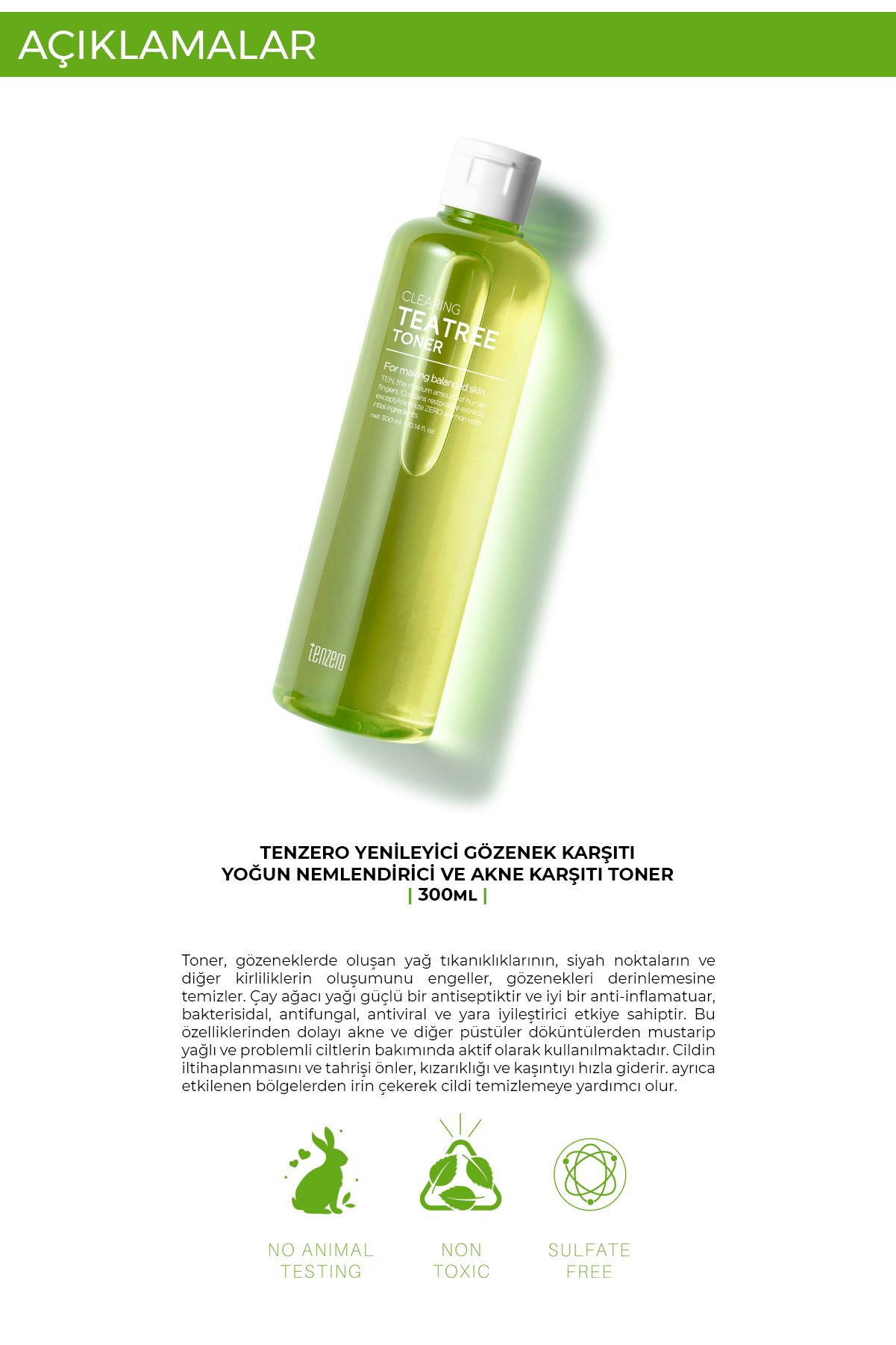 TENZERO Yenileyici Gözenek Karşıtı Yoğun Nemlendirici Ve Akne Karşıtı Çay Ağacı Özü Içeren Toner 300ml görsel 2