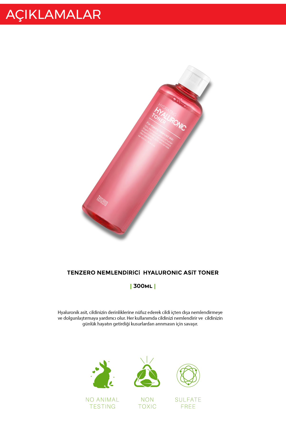 TENZERO Hyaluronik Asit Içeren Elastikiyet Arttırıcı Yaşlanma Ve Kırışıklık Karşıtı Toner 300ml görsel 2