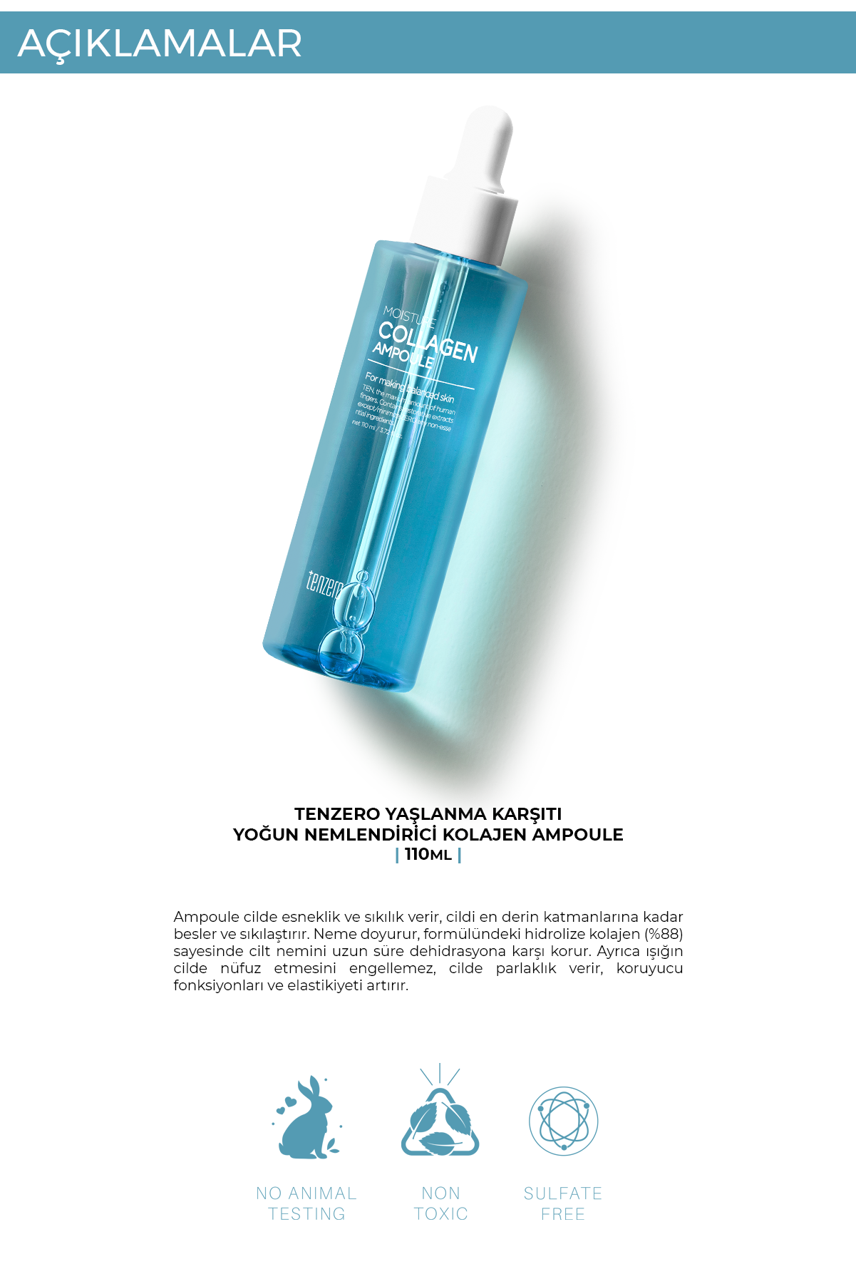 TENZERO Yaşlanma Karşıtı Yoğun Nemlendirici Kolajen Ampoule Serum 110 ml görsel 3