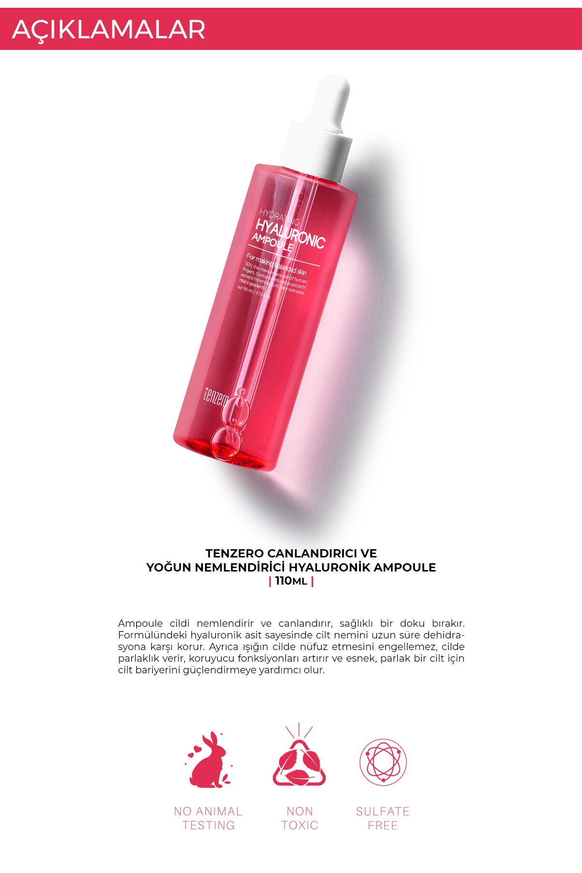 TENZERO Canlandırıcı Ve Yoğun Nemlendirici Hyaluronik Asit Ampoule Serum 110 ml görsel 4
