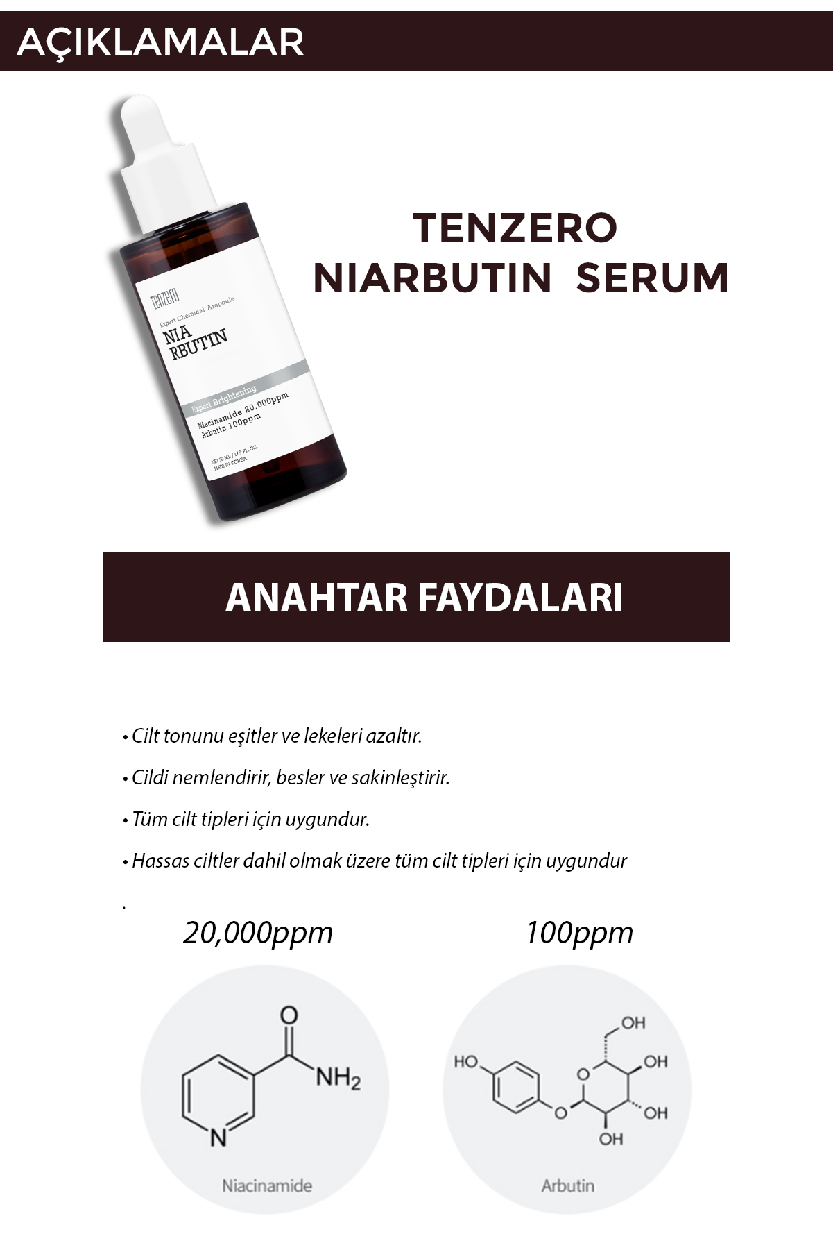 TENZERO Niacinamide 20,000ppm, Arbutin 100ppm Içeren Serum;leke Karşıtı Aydınlatıcı Ve Cilt Tonu Eşit Ampul görsel 2