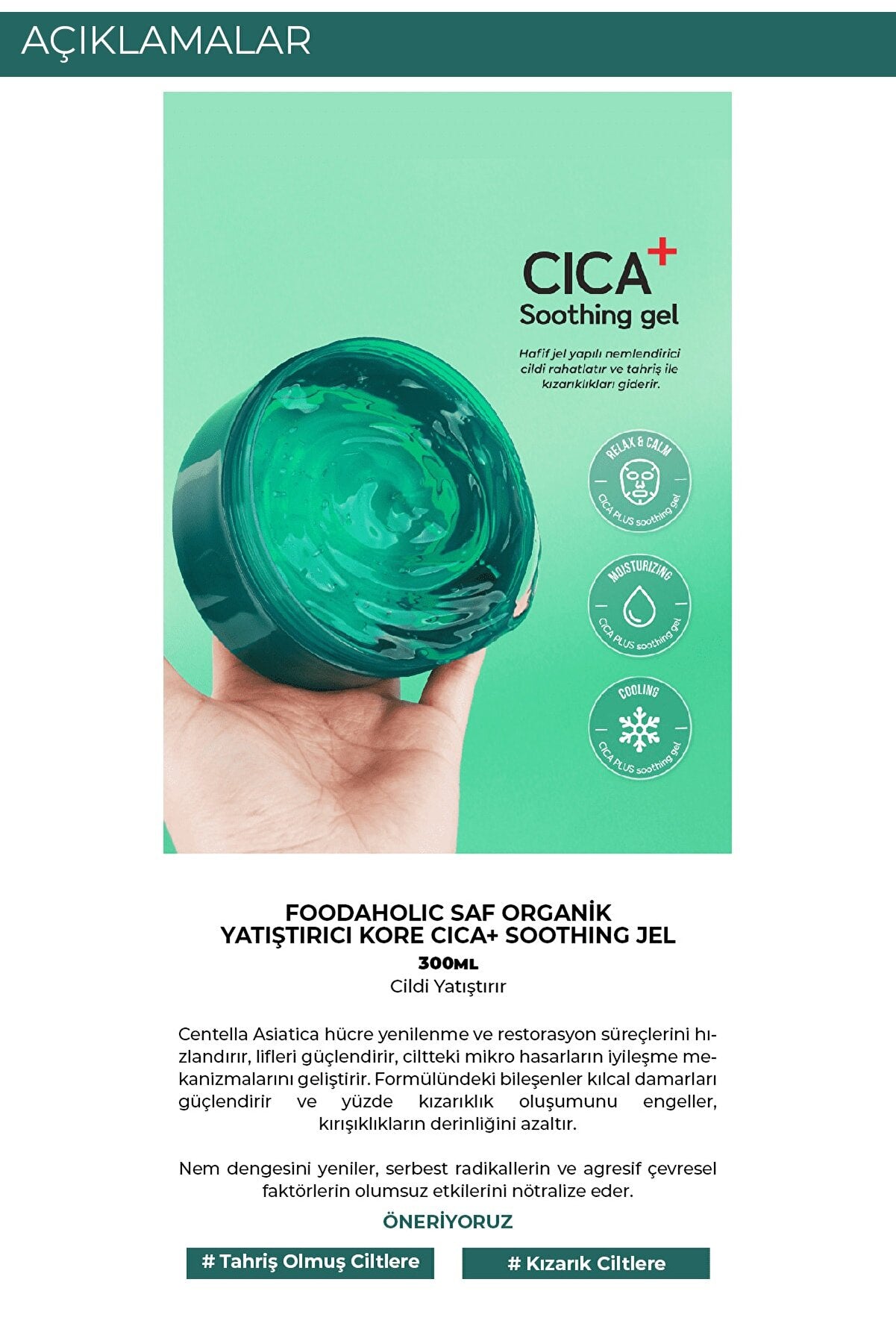 FOODAHOLIC Centella Asiatica Saf Organik Yatıştırıcı Ve Akne Karşıtı Kore Cica Soothing Jel Krem 300ml görsel 2