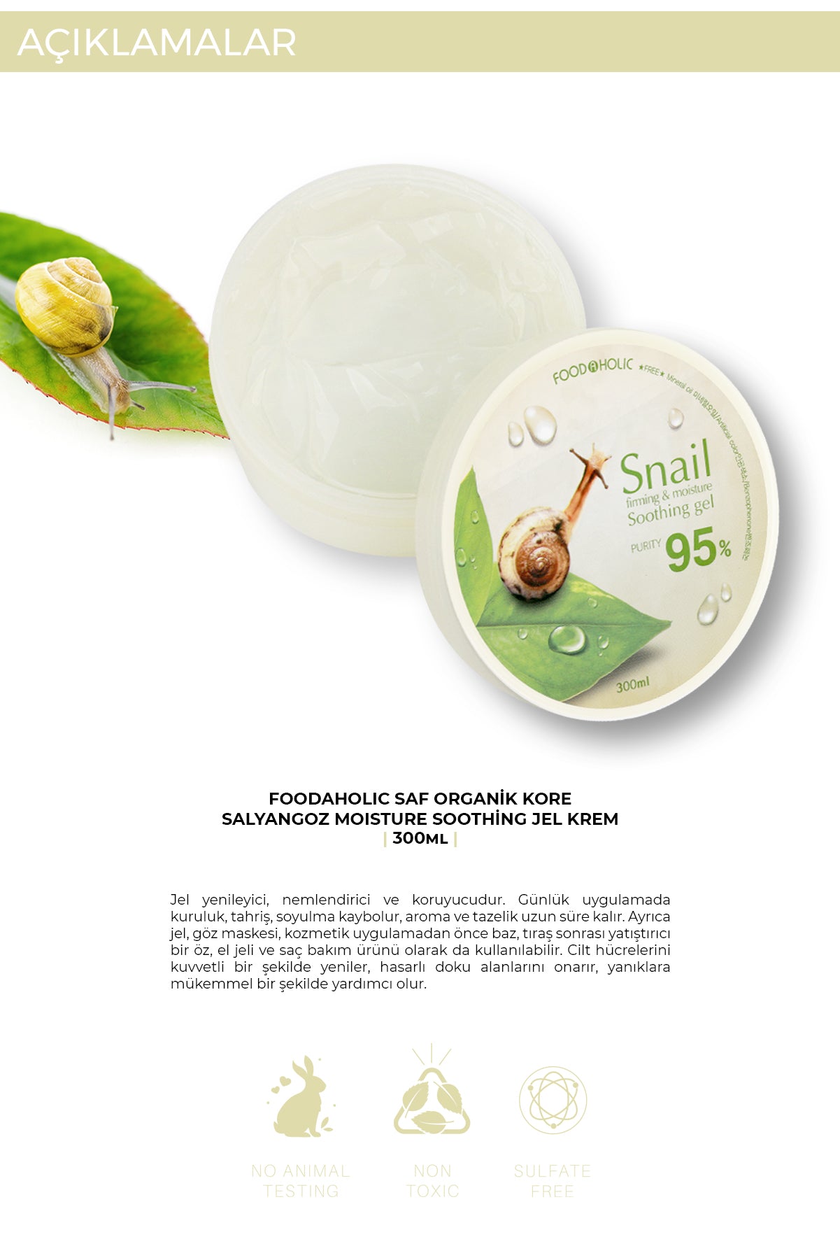 FOODAHOLIC Saf Organik Kore Salyangoz Moisture Soothing Jel Krem 300 ml görsel 3