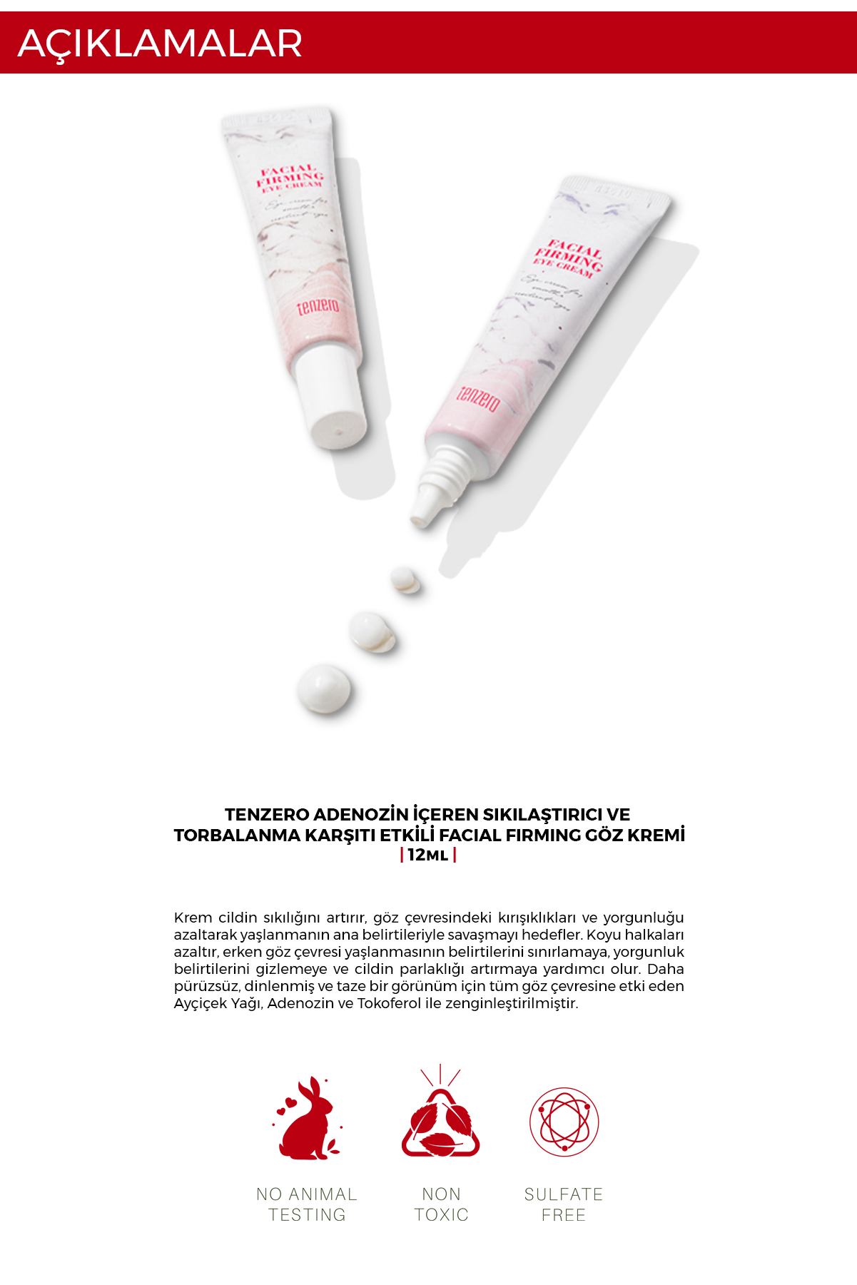 TENZERO MADE IN KOREA_Adenozin İçerir, Göz Altı Morlukları ve Kırışıklıkları Önler, Beyazlatıcı krem, 12 ml görsel 3