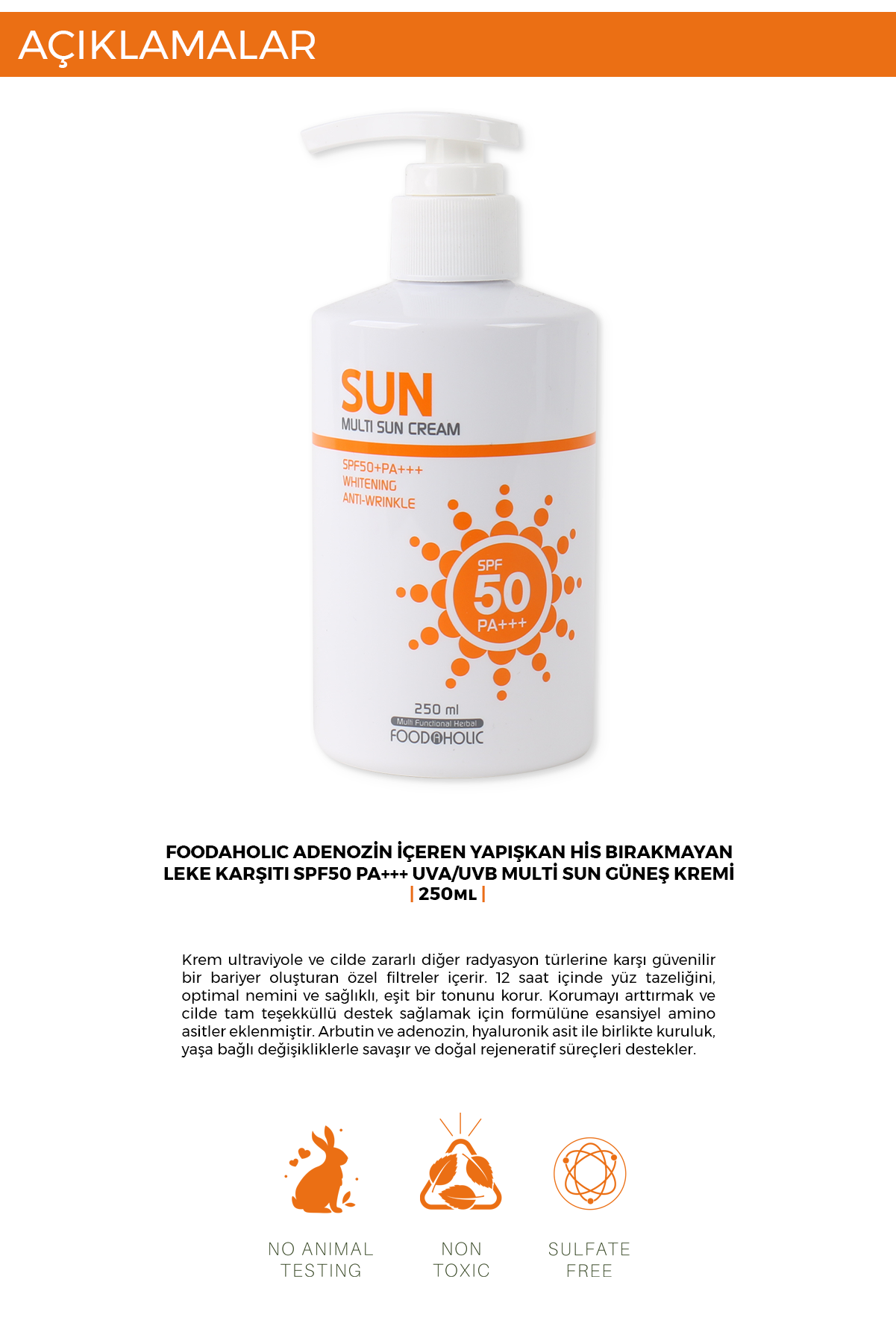 FOODAHOLIC Multi Sun 250 ml Adenozin Içeren Yapışkan His Bırakmayan Leke Karşıtı Spf50 Pa Uva/uvb Güneş Kremi görsel 3