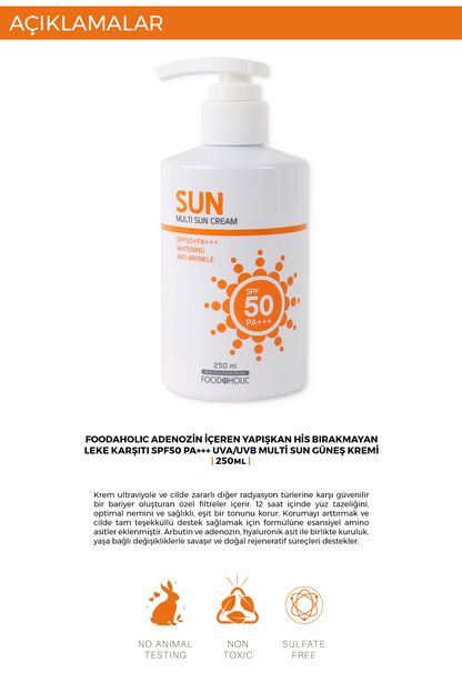FOODAHOLIC Multi Sun 250 ml Adenozin Içeren Yapışkan His Bırakmayan Leke Karşıtı Spf50 Pa Uva/uvb Güneş Kremi görsel 3