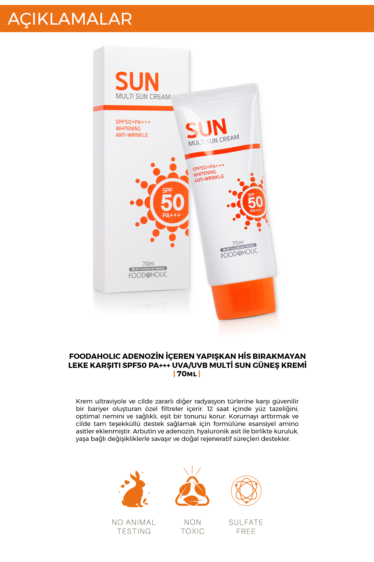 FOODAHOLIC MADE IN KOREA_Adenozin Içeren Yapışkan His Bırakmayan Leke Karşıtı Spf50+ Pa+++ UVA/UVB 70 ml görsel 3
